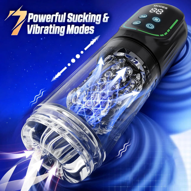 IPX7 LED Automatic Male Masturbator Cup with 7 Sucking, Rotating, Licking, and Thrusting Modes - Pocket Pussy Stroker Blowjob Sex Toy for Men