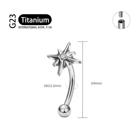 ASTM F136 Titanium 16G CZ North Star Rook Earring 6mm 8mm 10mm 12mm Curved Barbell Eyebrow Cartilage Tragus Labret Piercing