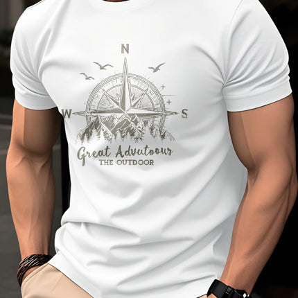 Summer men's 100% pure cotton casual fashionable loose retro compass mountain pattern printed round neck short sleeved T-shirt