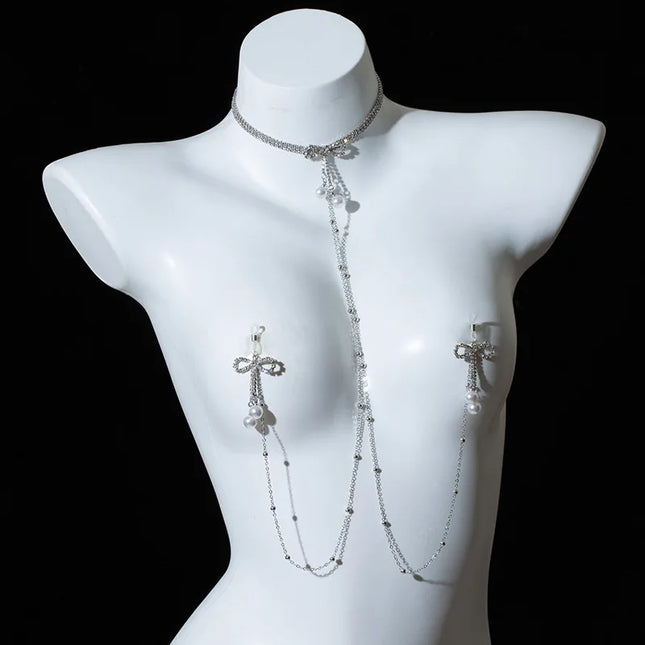 New Custom Rhinestone Nipple Clamps Bow Pendant Body Chain Sexy Accessories Breast Restraint Fetish Erotic Collar Adult Sex Toys