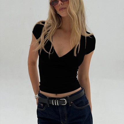 2025 Summer New Fashion Women's T-Shirt Solid-Color Slim-Fit V-Neck Short-Sleeve Top Y2k Clothing
