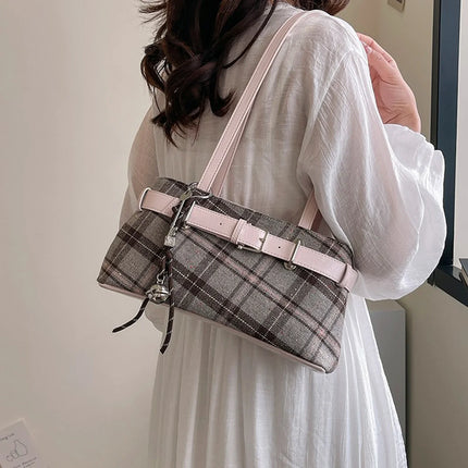 Girls Canvas Plaid Armpit Bag Fashion Checkerboard Grid Tote Handbag Vintage Shoulder Bag Retro Large Capacity Top-Handle Bags