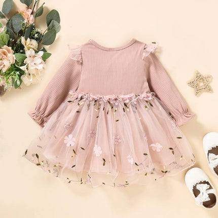 New Single Piece Spring And Autumn Baby Girl Baby Pink Thin Long Sleeved Princess Flower Mesh Dress