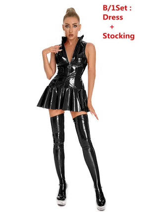 Women Sexy Glossy PVC Leather Slip Dress Lady Erotic Shaping Pleated Short Dress Zipper Porn Breast Exposing Latex Mini Dress