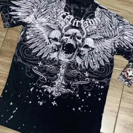 Summer European and American fashion men's breathable and comfortable round neck T-shirt wing cross print outdoor top