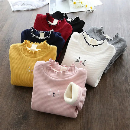Children's base sweater autumn and winter Fashion Girls Sweaters Cartoon Kids Tops Warm Velvet Thick Kids Sweater Girls Outwear
