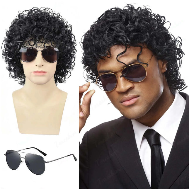 Synthetic Mens Black Short Curly Rocker Disco Wig with Glasses,Boys Wet Look Wig,70s Mullet Wig,Michael Jackson Role Play Wig