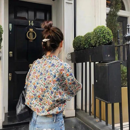 Design Sensation Women's Long Sleeve Floral Print Shirt Early Autumn Casual Wear Collar Button Detail Loose Fit Top