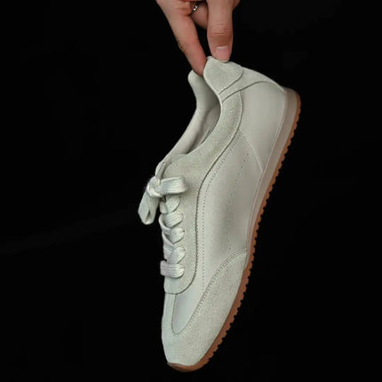 Ins Fashion Suede Leather Women Sneakers Lace Up Flat Shoes Genuine Leather  Ladies Flats Casual Shoes
