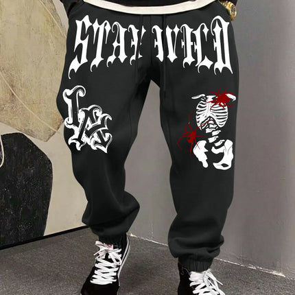 Men's Retro Dark Grunge Gothic Letter Skeleton Graphic Joggers Elastic Cuff Sweatpants Popular Vintage Streetwear Casual Pants