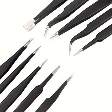Tweezers Set, 10Pcs Precision Anti-Static Tweezers with Storage Pouch, Stainless Steel Tweezers for Electronics, Jewelry, Craft