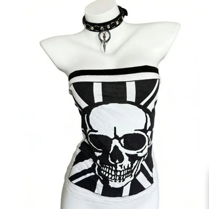 American Street Hottie Vests Harajuku Aesthetic Skull Print Strapless Vest Ladies Punk Slim Tanks Vintage Gothic Sexy Tops