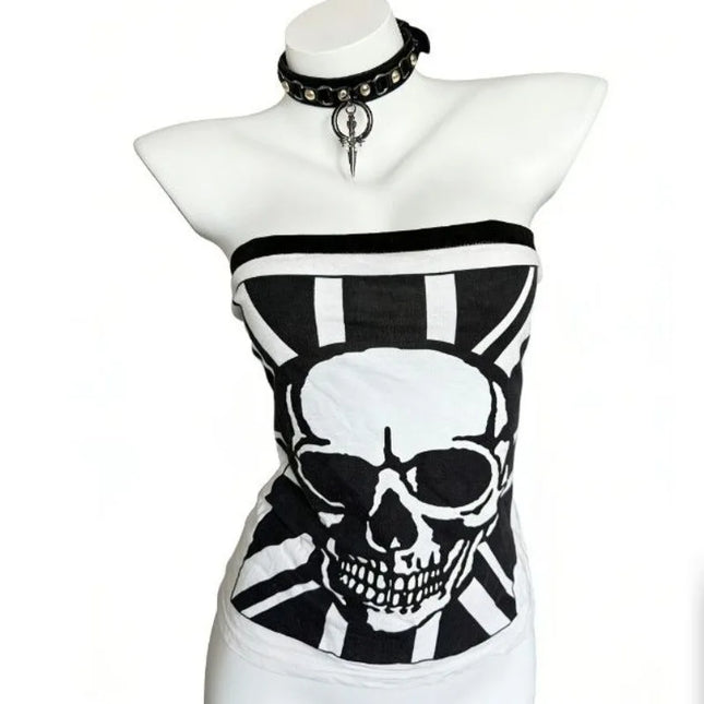 American Street Hottie Vests Harajuku Aesthetic Skull Print Strapless Vest Ladies Punk Slim Tanks Vintage Gothic Sexy Tops