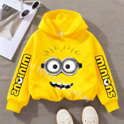Minions Boys and Girls Hooded Yellow Sweatshirts Children's Autumn and Winter Casual Fashion Printed Warm Pullover Sweatshirts