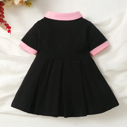 Summer Baby Girl Letter Graphic Contrast Collar Pleated Hem Dress