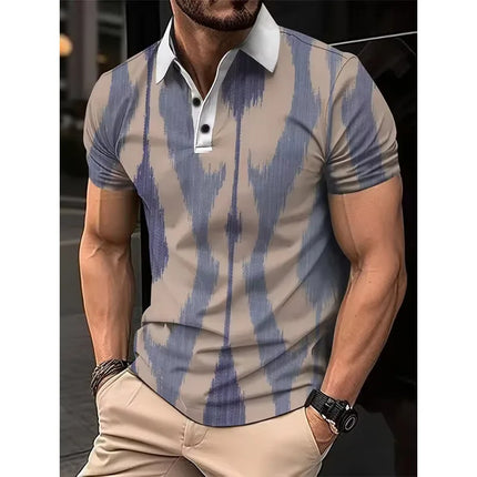 Summer 3D Men's Fashion Stripe Printed Short Sleeve Collared Button Casual Polo Shirt
