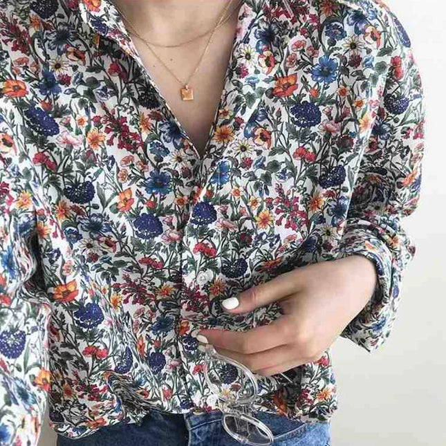 Design Sensation Women's Long Sleeve Floral Print Shirt Early Autumn Casual Wear Collar Button Detail Loose Fit Top