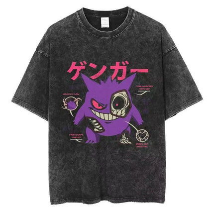 2026 Anime Washed Vintage Summer Pokemon Gengar Short Sleeve Tee Graphic T-Shirt Man Women Cosplay Casual Tops Y2k Streetwear
