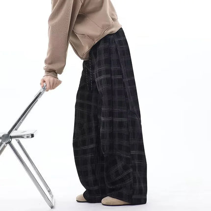 Spring Casual Plaid Striped Straight-leg Pants For Man High Street Fashion Corduroy Drawstring Trousers Y2K Retro Sweatpants