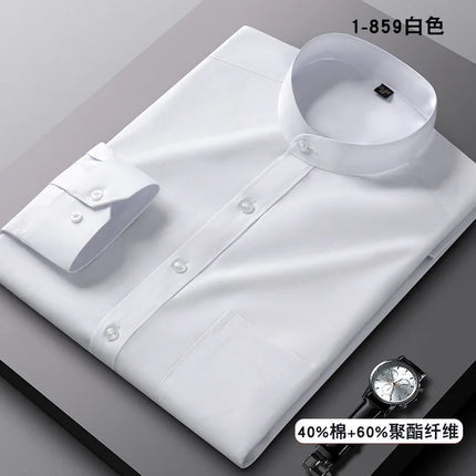 Stand Collar Shirt Men's Long Sleeve Chinese Style Tang Suit Breathable Anti-Wrinkle Easy Care Business Casual Dress Shirts