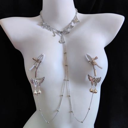 New Nipple Clamps with Butterfly Bells and Collar Detachable Stimulating Nipple Clamp Chain for Couples' Teasing Adult Sex Toys