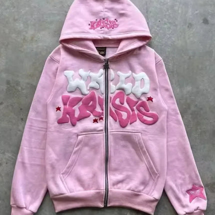 Zipper hooded sweatshirt with retro American letters suitable for men and women wearing Y2K jacket autumn/winter cardigan