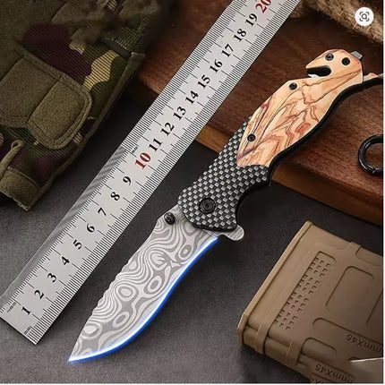 Outdoor Folding Knife Camping Survival High Hardness Stainless Steel Portable Multi-Purpose Damascus Pattern Pocket Knife