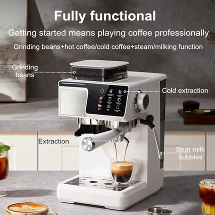 2-in-1 Cold & Hot Coffee Maker with Built-in Grinder & Milk Frother | Compact Espresso Machine for Home, Office & Small Cafés