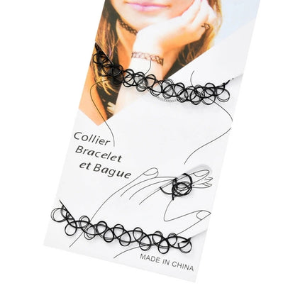 European and American Fashion Black Fishing Line Letter Tattoos Elastic Necklace Bracelet Ring Three-Piece Set for Women