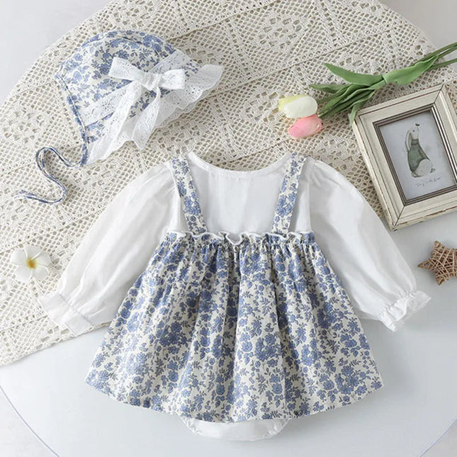 Newborn Baby Girls Bodysuits + Hat Printing Stitching Cotton Long Sleeve Infant Baby Girls Jumpsuit Autumn Spring Baby Clothing