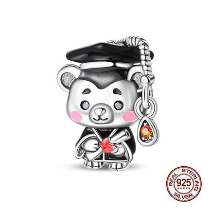 100% 925 Sterling Silver Graduation Season Series Owl Bachelor's Hat Charms Beads Fit 3mm 925 Original Bracelets DIY Jewelry