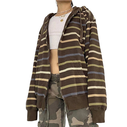 Xingqing Fairycore Aesthetic Sweatshirt Striped Long Sleeve Tops with Pockets Hoodie for Women Grunge Emo y2k Clothes Streetwear