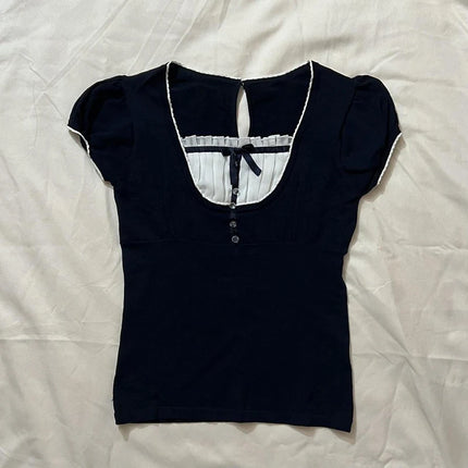 Harajuku Grunge T-shirt Women Korean Preppy Style Kawaii Bow Crop Top Vintage Patchwork Square Collare Puff Sleeve Milkmaid Top