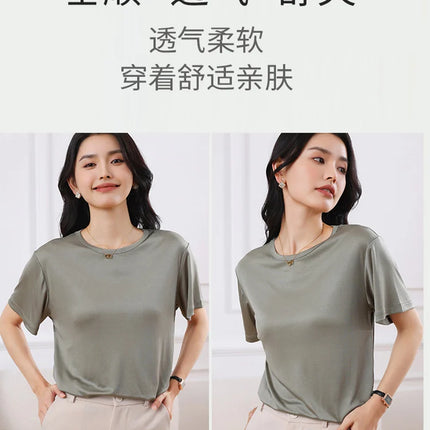 Summer Women's Short Sleeve O-Neck T-Shirt Knitted Acetate Fabric High-End Thin Pullover Top for Ladies