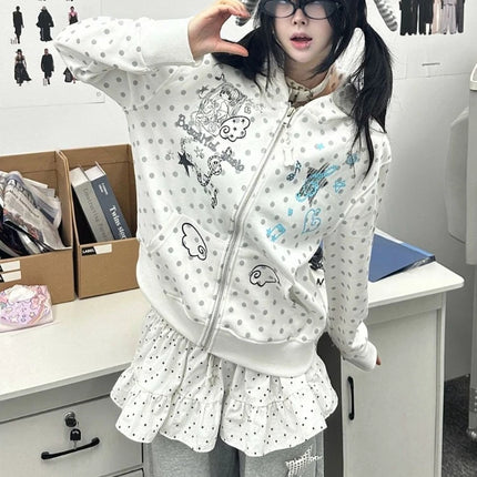 Japanese Sweet Hoodies Long Sleeve Pockets Cartoon Print Polka Dot Loose Sweatshirts Y2k Aesthetics Cute Tops Women's Clothing