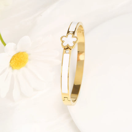 6 Colors Classic Luxury Stainless Steel Five Leaf Flower Open Bangle Simple for Woman Girl Party Trend Enamel Jewelry  Clover