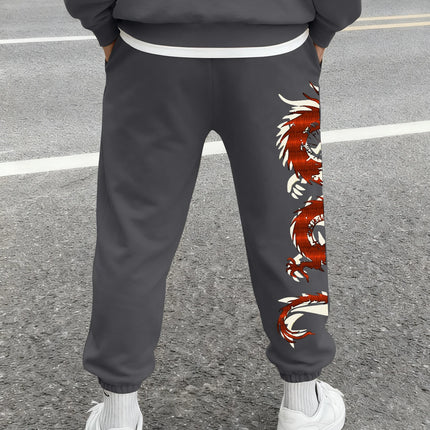 Men's Streetwear Vintage Red Oriental Dragon Print Sweatpants Elastic Waist Soft Fabric Chinese Hip Hop Daily Joggers