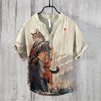 Men's Short Sleeve POLO Shirt Blended Printed Japanese Retro Cat Samurai Casual Large Size Men's Top 5XL