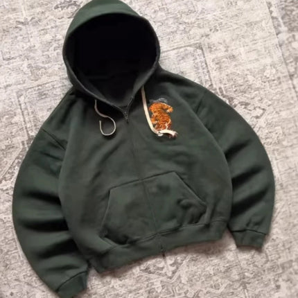 Men's and women's zippered hoodies, dark green tiger patterned hoodies, sportswear, casual streetwear, vintage tops, Spring and