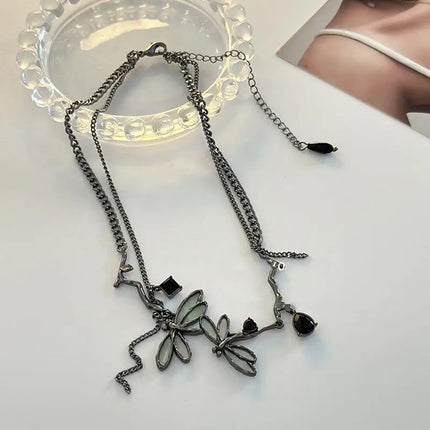 Sweet Cool Gun Black Fantasy Dragonfly Necklace for Women Gothic Black Tassels Choker Niche High-End Clavicle Chain Jewelry
