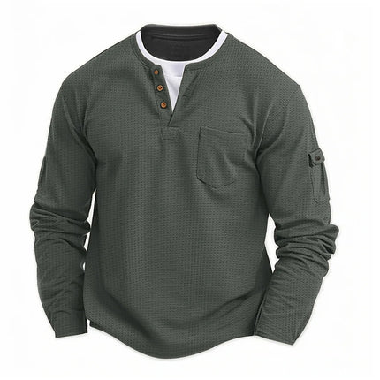 Men's New  Button Henley neck Shirt Long Sleeve Casual Button Solid color T-Shirt Fashion Waffle Cotton Fake two-piece T-Shirt