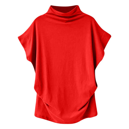 Women's New Trendy Fashion Solid Color Soft Turtleneck Top High-End Basic Daily Commute Thin Short-Sleeve Pleated Clothing