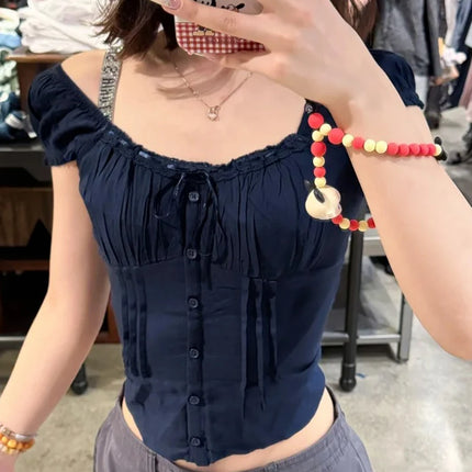 Blue Striped Folds Blouse Top Women New Casual Single Breasted Ruffle Sleeveless Tank Tops Vest Sweet Preppy Style Camisole Y2K