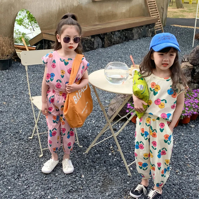 2026 Summer Children Girls 2PCS Clothes Set Cotton Floral Printed Short Sleeve Tees Suits Loose Cropped Pants Kids Girls Outfits