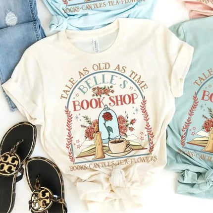 Vintage Retro Belle's Book shop Shirt Tale as old as time Beauty and The Beast Magic Tee Casual Y2K Top Daily Trendy Streetwear