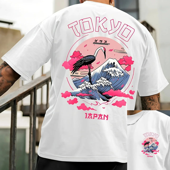 Men's Summer 100% Cotton Tokyo Casual Pattern Printed Fashionable Loose Round Neck Short Sleeve T-Shirt Top
