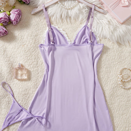 Light Purple Women Nightdress Sexy Lace Bow Lingerie Adult Dress Babydoll Sex Sleepdress Underwear Sets Ladies Erotic Outfits