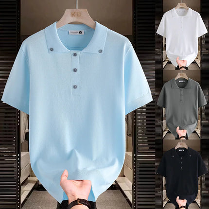 Men's Button Down Collar Knit Polo Shirt Short Sleeve Solid Color Casual Summer Tops Lightweight Business Tee