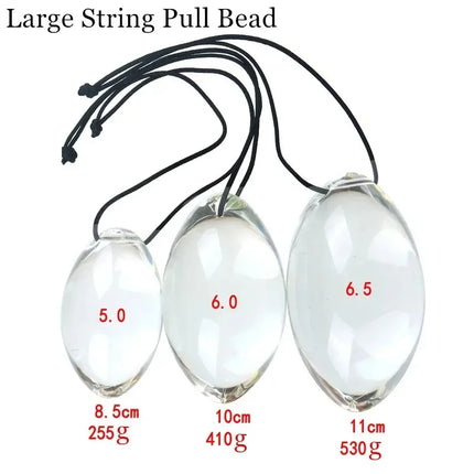 Small to Large Oval Beaded Anal Plug with Reinforced Rope Pull Ring - Transparent Glass Anal Trainer for BDSM Play and Personal
