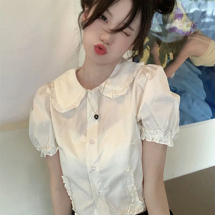 White Doll Collar Bubble Sleeve Shirt Women's Summer 2025 New Design Sweet Short Style Top Polyester Fabric Pure Color Fresh...